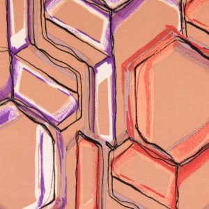 Viscose stof, hexagon print, beige/paars/rood. Q2198
