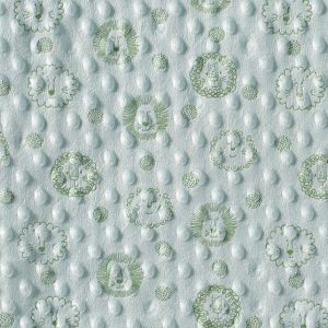 Nicky velour stof, bolletje, leeuwen print, mint groen. Q1106