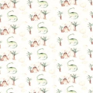 Tricot katoen stof, dino’s, off-white/bruin/groen. Q5185