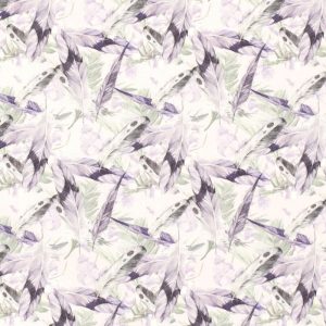 Poplin katoen stof, digitale veren print, gebroken wit/lila/mint. Z0051