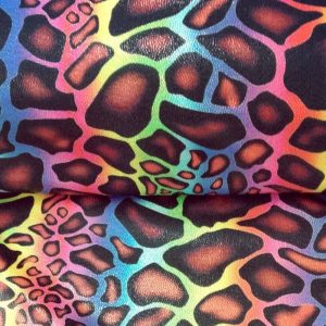 Lycra stof, dieren print , geel/groen/roze/oranje . LJ5357