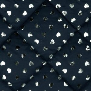 Gewatteerde stof, 3-laags, donkerblauw met zilveren folie hartjes. A0075