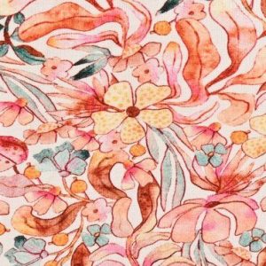 Bamboe tricot stof, fijne bloemenprint, offwhite/oranje/geel/groen. P549