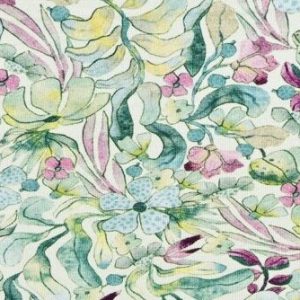 Bamboe tricot stof, fijne bloemenprint, offwhite/groen/paars. P550