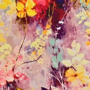 Bamboe tricot stof, olieverf bloemenprint, paars/geel/rood/mint. P552