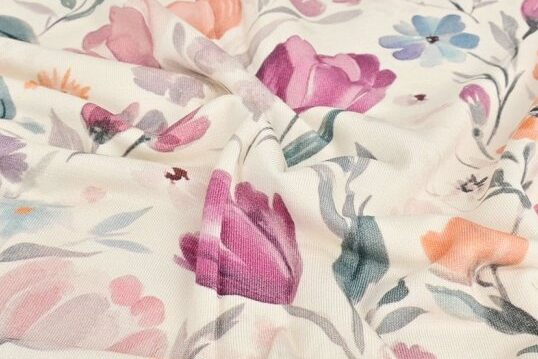 Bamboe tricot stof, tulpenprint, crème/lila/okergeel/groen/grijs. P548 - Afbeelding 3