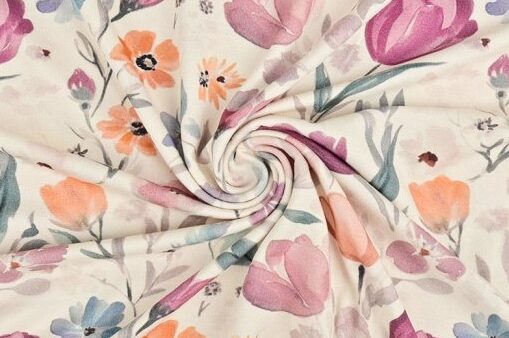 Bamboe tricot stof, tulpenprint, crème/lila/okergeel/groen/grijs. P548 - Afbeelding 4