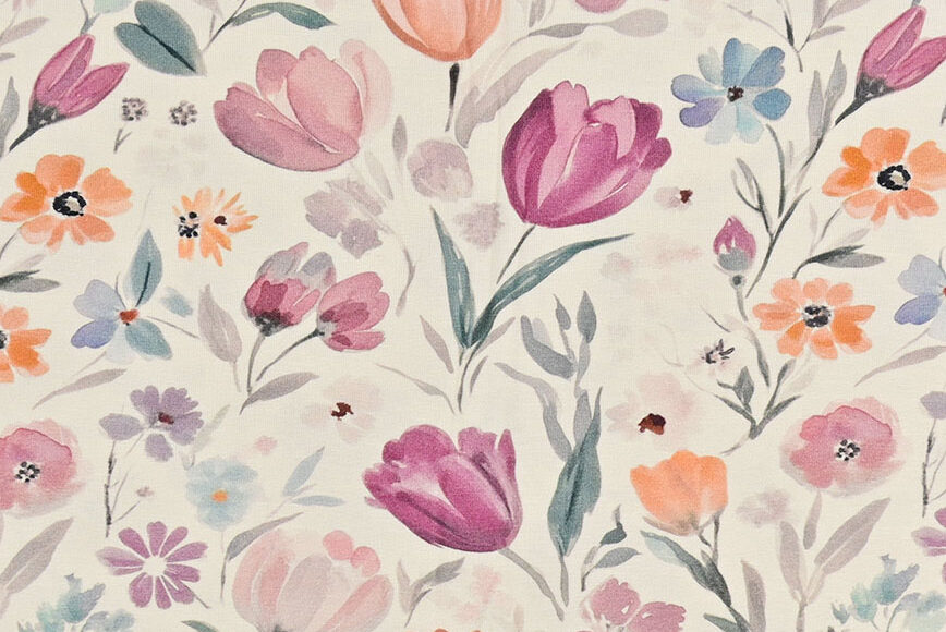 Bamboe tricot stof, tulpenprint, crème/lila/okergeel/groen/grijs. P548