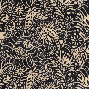 Batik katoen stof, bladerenprint, beige/blauw. P172