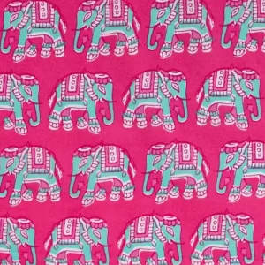 Batik poplin stof, olifantenprint, fuchsia/wit/blauw. P414