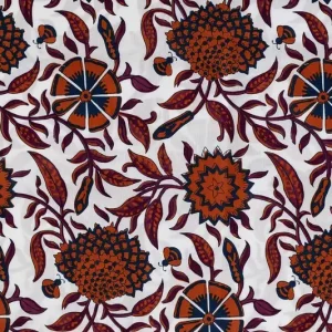 Batik poplin stof, abstracte bloemenprint, wit/blauw/roest. P493
