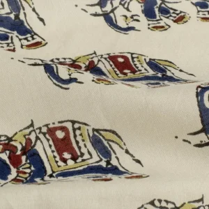 Batik poplin voile katoen stof, olifantprint, zand/blauw/roest/groen. Y647