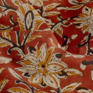 Batik poplin voile katoen stof, paisley bloemenprint, roest/okergeel/zand/donkerblauw. Y641