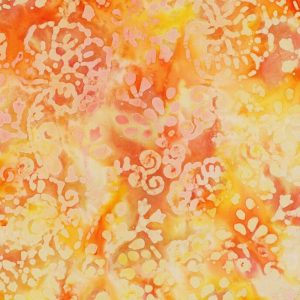 Batik viscose stof, grafische bladprint, geel/oranje. P181
