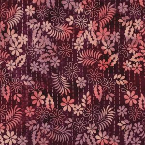Batik viscose stof, verticale streep met bloemenprint, paars/roze. P177