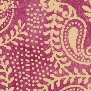 Batik voile stof, paisleyprint, cerise/beige. X1437
