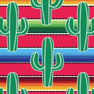 Bi stretch stof, burlington, mexicaans met cactussenprint, rood/blauw/geel/groen. Y483A