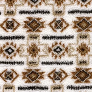 Borg fleece stof, abstracte print, offwhite/bruin/zand/zwart. P102