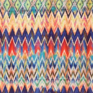 Borg stof, zigzagprint, blauw/oranje/geel. D0386