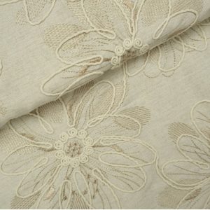 Broderie linnen stof, bloemen motief, beige/goud. P555