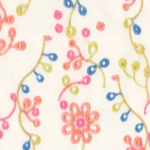 Broderie stof, opengewerkt, takjesprint, wit/roze/groen/blauw. Y227