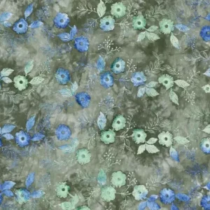 Broderie stof, tie dye bloemenprint, groen/blauw. Y301