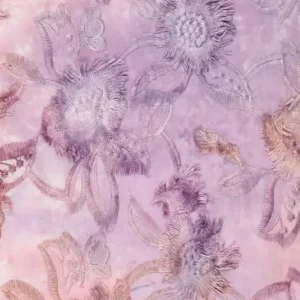 Broderie stof, tie dye swingende bloemenprint, lila/roze. Y308