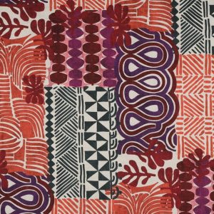 Canvas katoen stof, abstracte print, paars/rood/oranje/grijs/zand. Y410