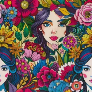 Canvas stof, meisje flower power print, multicolor. P136