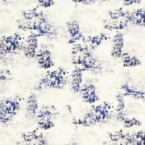 Canvas stof, digitale toile de jouy print, roomwit/blauw. D0588