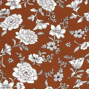 Chiffon stof, bloemen, hazelnoot/wit. Q4632