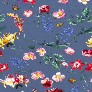 Chiffon stof, bloemenprint, blauw. Q4682