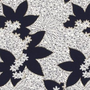 Chiffon stof, blaadjesprint met gouden foliedruk, donkerblauw/wit. Z0554