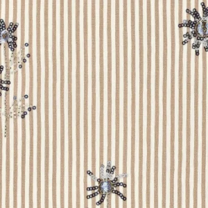 Crinkel streep stof, embroidery pailletten met kraaltjes bloemen, bruin/crème/zilver/blauw. P371