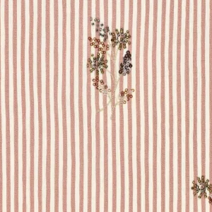 Crinkel streep stof, embroidery pailletten met kraaltjes bloemen, rood/creme/brons. P372