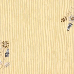 Crinkel streep stof, embroidery pailletten met kraaltjes bloemen, geel/offwhite/brons/zand. P373