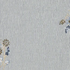 Crinkel streep stof, embroidery pailletten met kraaltjes bloemen, donkerblauw/offwhite/brons. P374