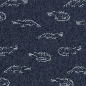 Denim jeans stof, krokodillenprint, marine blauw/offwhite. D0107