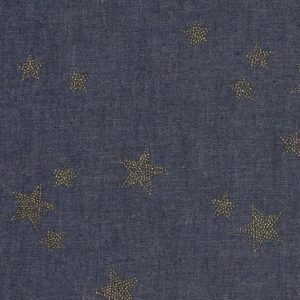 Denim jeans stof, sterrenprint, donker jeansblauw/goud. X1388
