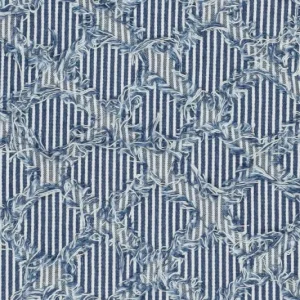 Denim ruffle jeans stof, schuine ruit streep motief, jeansblauw/wit. P598