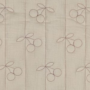 Gewatteerde double gauze stof, kersen motief, naturel. P611