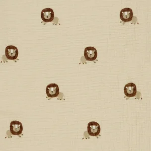 Double gauze mousseline stof, leeuwenprint, beige/bruin. P635