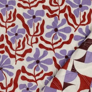 Gewatteerde double gauze stof, bloemen- en blokkenprint, lila/oranje/offwhite. P618