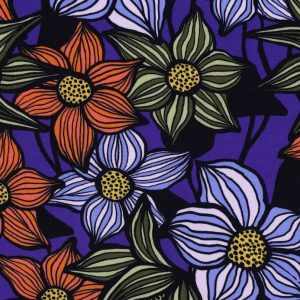Ecovero, duurzame viscose stof, bloemenprint, paars/oranje/groen/geel, by Poppy. P146