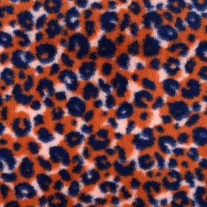 Faux fur bont stof, panterprint, blauw/roest/oranje/roze. X690