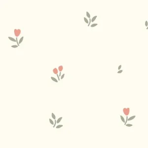 Fijne ajour katoen jersey stof, tulpenprint, offwhite/groen/zalm/rood. Y864