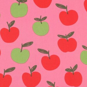 Fijne poplin katoen stof, appeltjesprint, groen/roze/rood. Y425