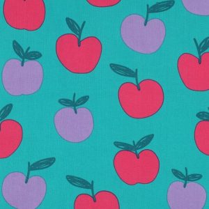Fijne poplin katoen stof, appeltjesprint, groen/paars/fuchsia. Y427