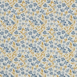 Fijne poplin katoen stof, bloemenprint, offwhite/blauw/geel. P536