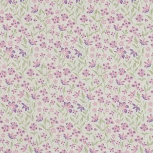 Fijne poplin katoen stof, bloemenprint, offwhite/roze/lila/groen. P537